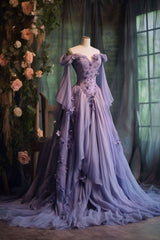 Purple Tulle Prom Dresses One Shoulder Fairy Long Sleeve 3D Floral Appliques Evening Dresses