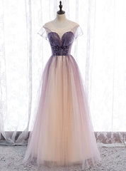 Purple Tulle Scoop Sleeve Beading Sequins Prom Dresses