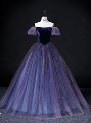 Purple Tulle Sequins Off the Shoulder Puff Sleeve Quinceanera Dresses