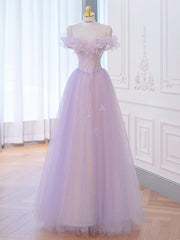 Purple Tulle Sequins Pearls Off the Shoulder Prom Dresses