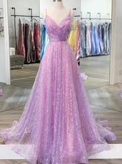 Purple Tulle Sequins Sequins Spaghetti Straps Prom Dresses