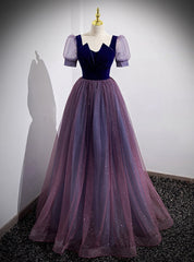 Purple Tulle Sequins Short Sleeve Prom Dresses