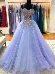 Purple Tulle Spaghetti Straps Appliques Prom Dresses