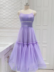 Purple Tulle Spaghetti Straps Pleat Prom Dresses