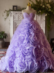 Purple Tulle Sweetheart Flower Quinceanera Dresses