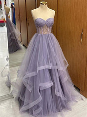 Purple Tulle Sweetheart Pearls Prom Dresses