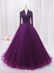 Purple Tulle V-neck Long Sleeve Backless Beading Prom Dresses