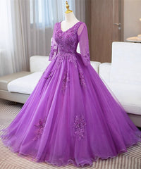 Purple Tulle with Lace Applique Long Sleeves Party Dresses, Purple Tulle Prom Dresses