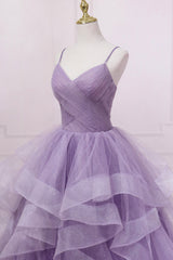 Purple V-Neck Tulle Long Prom Dress, Spaghetti Straps A-Line Evening Dress