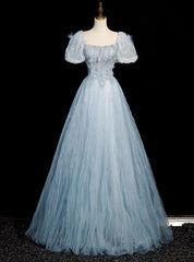 Queenly Blue Tulle Sequins Puff Sleeve Beading Prom Dresses