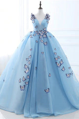 Quinceanera Dress Blue Butterfly Flowers Lace Up Ball Gowns Long Prom Dresses