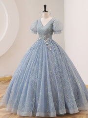 Quinceanera Dresses V Neck Tulle Sequin Gray Blue Long Prom Dresses Gray Blue Formal Sweet Dresses