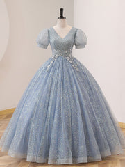 Quinceanera Dresses V Neck Tulle Sequin Gray Blue Long Prom Dresses Gray Blue Formal Sweet Dresses