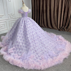 Quincea?era lace  Off-the-Shoulder Ball Gown Purple Sequined Dress