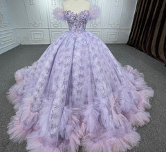 Quincea?era lace  Off-the-Shoulder Ball Gown Purple Sequined Dress