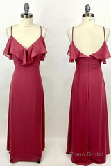 Straps Wine Red Chiffon Flounce Long Bridesmaid Dress