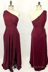 Ruched Wine Red One Shoulder A-line Long Bridesmaid Dress