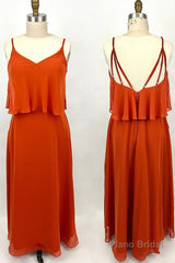 Straps Flounce Orange Chiffon Long Bridesmaid Dress