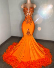 Radiant Orange Embellished Mermaid Gown with Feather Details