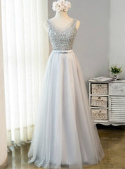 Ready To Ship Gray Tulle Beading Prom Dresses