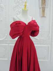 Red A-Line Off Shoulder Satin Long Prom Dress, Red Long Formal Dress