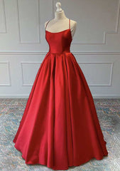 Red A-Line Sleeveless Square Neckline Satin Prom Dresses