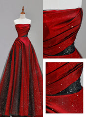 Red and Black Satin with Tulle Chic Long Party Dresses, Red Long Prom Dresses