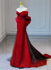 Red and Black Sweetheart Off Shoulder Formal Dresses, Long Prom Dresses with Bow