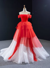 Red And White Tulle Off the Shoulder Pleats Beading Prom Dresses