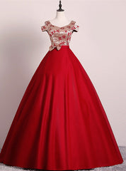 Red Ball Gown Satin Embroidery Quinceanera Dresses