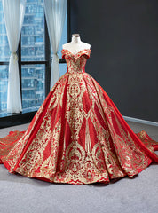 Red Ball Gown Sequins Off the Shoulder Luxury Prom Dresses