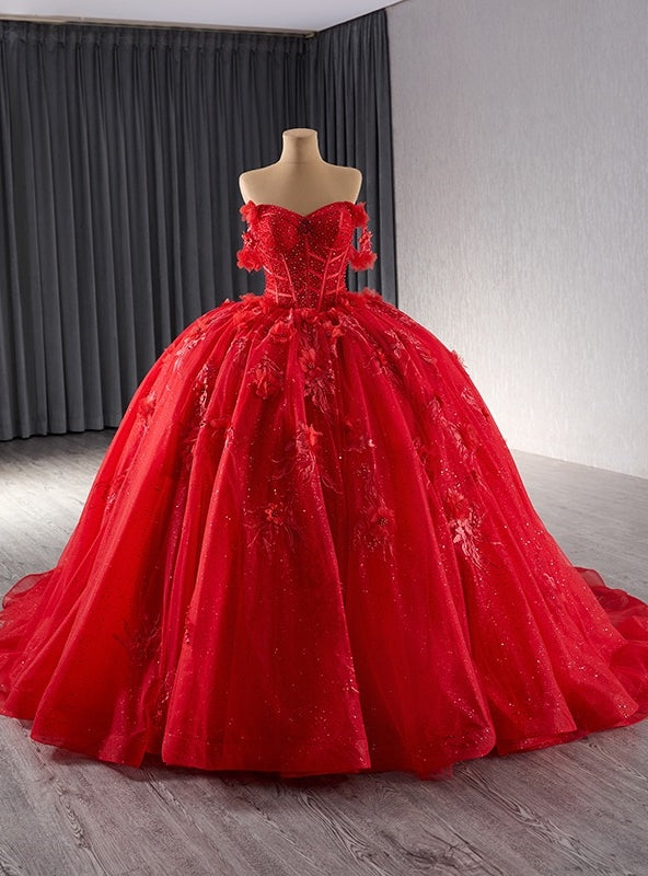 Red Ball Gown Tulle 3D Flower Beading Prom Dress