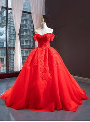 Red Ball Gown Tulle Appliques Off the Shoulder Beading Prom Dresses