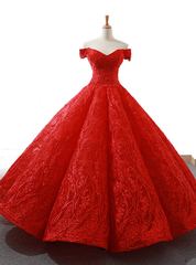 Red Ball Gown Tulle Lace Appliques Off the Shoulder Prom Dresses