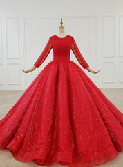 Red Ball Gown Tulle Sequins Long Sleeve Beading Floor Length Wedding Dresses