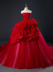 Red Ball Gown Tulle Strapless Flower Quinceanera Dress