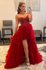 Red Beaded A-Line Tiered High Low Prom Homecoming Dress