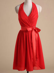 Red Chiffon Halter Homecoming Dresses Cocktail Dresses Bow Accent Waist