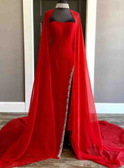 Red Chiffon Side Slit Beading Prom Dresses With Cape