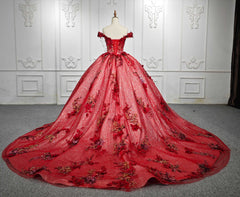 Red Flower  Off-the-Shoulder Quincea?era Dress