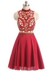 Red High Neck Chiffon Beading Crystal Homecoming Dresses