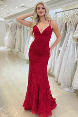 Red Lace V Neck Mermaid Prom Dress