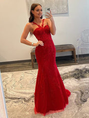 Red Mermaid Halter Lace Mermaid Long Prom Dress