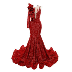 Red Mermaid One Sleeve Prom Dresses Sequined Lace Jewel Ruffles Evening Party Dresses with Appliques