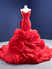 Red Mermaid Organza Strapless Pleats Prom Dress