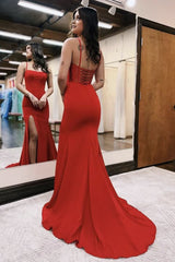 Red Mermaid Satin Scoop Neck Long Prom Dress