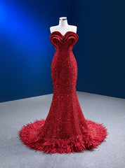 Red Mermaid Sequins Sweetheart Prom Dresses With Feather