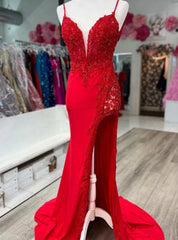 Red Mermaid Spaghetti Straps Appliques Beading prom Dresses