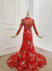 Red Mermaid Tulle Embrodiery Appliques Long Sleeve Prom Dresses