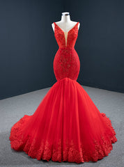 Red Mermaid Tulle Off the Shoulder Appliques Beading Prom Dresses